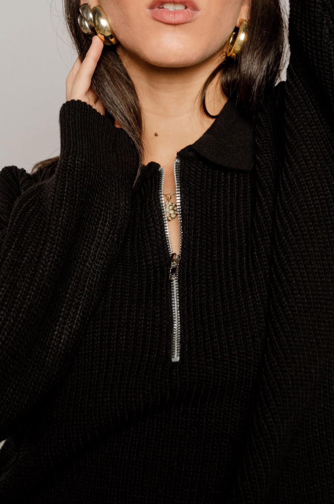Black Half-Collar Sweater with Zipper